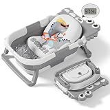 Collapsible Baby Bathtub for Newborn, Foldable Baby Bath Tub with Thermometer & Soft Floating Cushion & Drain Hole, Portable Travel Infant Bath Tubs for Newborns to Toddlers 0-36 Months Boys, Grey