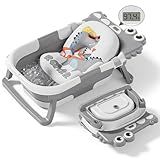 Collapsible Baby Bathtub for Newborn, Foldable Baby Bath Tub with Thermometer & Soft Floating Cushion & Drain Hole, Portable Travel Infant Bath Tubs for Newborns to Toddlers 0-36 Months Boys, Grey