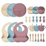 JELLDJK 24 PCS Silicone Baby Feeding Set, Baby Led Weaning Supplies Includes Suction Bowls and Divided Plates, Adjustable Silicone Bib, Spoons&forks, Training cup with straw(Pink+Blue+Beige)