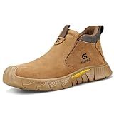 GLANOUDUN Welding Work Boots for Men - Brown Mid-Cut Slip on Steel Toe Shoes - Indestructible Steel Toe Boot for Welder Protective - ASTM Certified Safety Footwear for Construction & Industrial Use