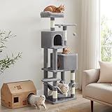 Feandrea Cat Tree, 61-Inch Cat Tower for Indoor Cats, Plush Multi-Level Cat Condo with 5 Scratching Posts, 2 Perches, 2 Caves, Hammock, 2 Pompoms, Light Gray UPCT192W01