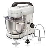 Hamilton Beach Electric Stand Mixer, 4 Quarts, Dough Hook, Flat Beater Attachments, Splash Guard, 7 Speeds with Whisk, Easy-Carry Top Handle, White