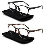 FEIVSN 2 Pack Retro Round Reading Glasses for Women Men, Blue Light Blocking Circled Readers Eyewear with Spring Hinge, 2 Pack Single Vision: Black + Tortoiseshell Frame, +2.00