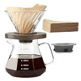 Lalord Pour Over Coffee Maker, 20 oz Borosilicate Glass Carafe with 100 pcs V60 Paper Filter, Walnut Handle & Glass Lid, Drip Coffee Maker for Home Café Restaurant Camping, 600 ml, Clear
