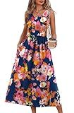 WIHOLL Summer Dresses for Women 2025 Casual Sun Dress Sleeveless Flowy Spring Dress Midi Dresses for Women Resort Wear Hawaiian Italian Dress Sundresses for Women Navy Floral Print M