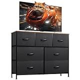 WLIVE 7 Drawer Dresser TV Stand, Entertainment Center, Media Console Table with Metal Frame and Wood Top for TV up to 45 inch, Chest of Drawers for Bedroom, Living Room, Black and Rustic Brown