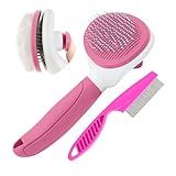Cat Brushes for Indoor Cats, Dog Brush for Shedding with Metal Cat Comb, Self Cleaning Pet Hair Brush with Release Button for Grooming Kitten(Pink)