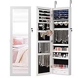 DUMOS 6 LEDs Mirror Jewelry Cabinet, Wall or Door Mounted Jewelry Organizer, 47.2-Inch Tall Lockable Large Capacity Cosmetic Storage, Gift Idea, White