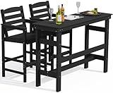 SERWALL Outdoor Bar Table and Chairs Set, Adirondack Bar Chairs Set of 2 and Bar Height Table, All Weather HDPE Outdoor Patio Bar Set, Outdoor Furniture for Outside, Poolside, Backyard, Garden, Black