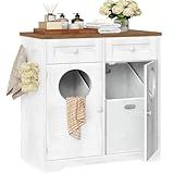 HOOBRO Double Laundry Hamper Cabinet, Hidden Laundry Cabinet with 2 Drawers & 2 Baskets, 20 Gallon Farmhouse Bathroom Laundry Hamper with 2 Clothes-Toss Holes, White and Dark Walnut WHZ36XY01