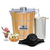 Elite Gourmet Old Fashioned 4 Quart Vintage Appalachian Wood Bucket Electric Ice Cream Maker Machine, *Bonus Classic Die-Cast Hand Crank for Churning, Uses Ice and Rock Salt Churns Ice Cream in Minute
