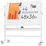 Rolling Dry Erase Board 48 x 36 - Large Portable Magnetic Whiteboard with Stand - Double Sided Easel Style Whiteboard with Wheels - Mobile Standing White Board for Office, Classroom & Home