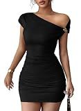 Acelitt Summer Off the Shoulder Dresses for Women 2026 Short Sleeve Ruched Bodycon Cocktail Party Knit Mini Dress Black Medium