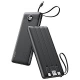 VRURC Portable Charger with Built in Cables, Slim Power Bank 10000mAh, USB C Battery Pack Travel Essential, 5 Outputs 2 Inputs Phone Charging Bank for iPhone 16 15 14 13,Samsung,Android-Black(1 Pack)