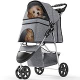 OS MOTOR Pet Stroller with 3 Wheels for Small/Medium Pets, Portable Travel Foldable Carrier Jogger for Dog Cat Puppy Kitty, Rear Wheel Breaks, Storage Basket, Visible Mesh with Weather Cover (Gray)
