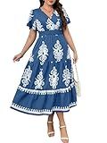 Womens Maxi Dress Summer Wrap V Neck Short Sleeve Boho Floral Casual Smocked High Waist Aline Wedding Guest Vacation Dresses with Pockets Blue XL