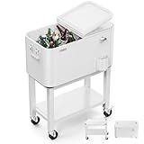 VINGLI 60 Quart Rolling Ice Chest on Wheels, Portable Patio Party Bar Drink Cooler Cart, with Shelf, Beverage Pool with Bottle Opener,Water Pipe (Black) (White, 60QT)