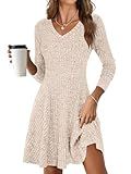 ANRABESS Women Long Sleeve Ribbed Knit Short Dresses 2026 Spring V Neck Casual Swing A Line Sweater Dress Beige Large