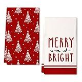 ARKENY Christmas Kitchen Towels Set of 2,Red Xmas Tree Dish Towels 18x26 Inch,Hoilday Farmhouse Home Decoration AD102