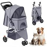 KMFurnila 3 Wheel Pet Stroller for Dogs and Cats, Foldable, Lightweight and Durable, Ideal for Small to Medium Pets, Includes Storage Basket and Cup Holders