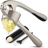 Zulay Kitchen Large Premium Garlic Press Set - Bigger Bowl for Bigger Garlic - Rust Proof & Dishwasher Safe Garlic Mincer Tool - Easy-Squeeze, Easy-Clean Silicone Garlic Peeler & Brush (Silver)