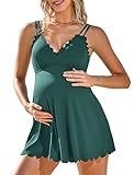 Charmo Maternity One Piece Swimwear Scalloped Pregnancy Swimsuit Bathing Suit V Neck Pregnancy Swim Dress with Bottom Green