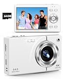 Digital Camera, 4K Vlogging Camera with Autofocus, 64MP, 16X Zoom, 64GB Card Included, Built-in Battery, Compact Digital Camera for Teens Adult Beginners, Ideal for Travel & YouTube - White
