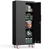 Kelueo 71" H Garage Storage Cabinet with Wheels,Metal Cabinets with 4 Adjustable Shelves and 2 Locking Doors for Garage,Home,Office,Shop,Black