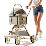 3-in-1 Pet Stroller with Detachable Carrier, Lightweight Foldable Dog Stroller for Small/Medium Dogs & Cats, All-Terrain Cat Travel with Car Seat, One-Hand Fold Design (Khaki)