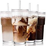 Iced Coffee Cups with Lids: Coffee Bar Accessories - Ribbed Glass Tumbler with Straw and Lid 4Pcs - 20oz Leak Proof Tumbler - Reusable Glass Cups and Tumblers with Lid and Straws for To Go Iced Coffee