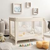 Trimigo Portable Travel Crib & Playpen - Baby Safe Folding Travel Bed w/Mattress, Breathable Mesh | Compact Lightweight Baby Bed | Pack and Play for Babies & Toddlers (Khaki)