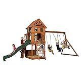 Backyard Discovery Atlantis Cedar Wood Swing Set with Wave Slide, Raised Clubhouse, Rock Wall, Belt Swings, Trapeze, Balcony, Lower Play Space, Snack Bar, Sandbox Area, Step Ladder, Outdoor Playset