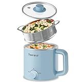 Topwit Hot Pot Electric with Steamer, 1.6L Ramen Cooker, Electric Pot for Pasta, Shabu-Shabu, Oatmeal, Soup and Egg, Portable Cooker with Dual Power Control, Dorm Room Essentials, Blue
