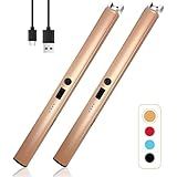 2 PCS Candle Lighter,Windproof Flameless Electric Lighter with LED Power Display ＆ Safety Switch, Upgraded Plasma USB Rechargeable Lighters for Birthday Camping BBQ (Champagne Gold)