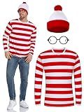 URATOT Adult Men Halloween Costume Sets Red and White Striped Tee Shirt Beanies with Nerd Glasses