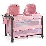 JOYMOR Twin Bassinet for Baby, Pink Bedside Bassinet, Convertible to Bedside Sleeper and Playpen, with Wheel, Brake, Foldable Side Sleeper