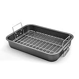 Large Roasting Pan With Rack 12” X 16” - Non Stick Large Roaster Pan and Flat Rack With Foldable Handles - Roasting Pans for Ovens to Elevate Food for Even Heating - Dishwasher Safe Turkey Roast Pot
