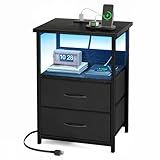 Fixwal Night Stand with Charging Station, LED Nightstand with U-S-B Ports and Outlets, 2 Fabric Storage Drawers with PU Finish, Small Bedside Table, Black