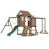 VEVOR Wooden Swing Set, 10 in 1 Playground Sets for Backyards, 2 Swings, 6FT Slide, Trapeze Bar, Flat Step Ladder,Large Upper Fort with Kitchen Toys, Rock Wall, Picnic Table, Sandbox, Scaling Ladder