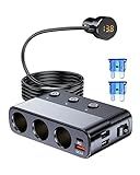 LIHAN 7-1 Cigarette Lighter Splitter,12V/24V Car Charger Adapter with 3 Socket Expander,PD30W Type-C,QC3.0 & Dual USB Ports,Independent Switches,Voltage Display,3.3FT Extension Cord fit Truck RV SUV