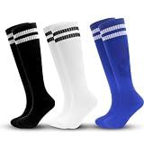 ZXOLDZX 3 Pairs Kids Soccer Socks Striped Knee High Tube Socks Football Uniform Sports Socks for Boys Girls 6-12 Years Old (US, Alpha, One Size, Regular, 3pairs-black,white,blue)