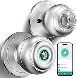 KLLOQUE Fingerprint Door Lock, Smart Fingerprint Door Knob with Lock, Biometric Door Locks with App Control & Key, Keyless Thumbprint Entry Door Locks for Bedroom, Front Door, Home, Apartment-Silver