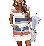 Womens Summer Dress Lantern Sleeve Square Neck Tie Front A-Line Double Layer Hem Mini Dresses