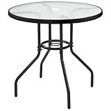 Yaheetech 27.4'' Patio Bistro Table Round Outdoor Coffee Table, Round Tempered Glass Top with 1.7'' Umbrella Hole, Iron Frame for Balcony Backyard Lawn and Garden