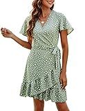 Naggoo Women's Summer Wrap V Neck Polka Dot Print Ruffle Short Sleeve Mini Dress Sage Green XL