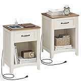 VASAGLE LIRY Collection - Farmhouse Nightstands with Charging Station, Set of 2 Bedside Tables, Side Tables with Drawer, Open Compartment, for Bedroom, Rustic White and Honey Brown ULET859K41