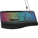 VEILZOR Ergonomic Backlit Keyboard with Wrist Rest, 7 Colors USB Wired Computer Keyboard, Wave Keys, with Phone/Tablet Holder, Comfortable Lighted Keyboard for PC, Windows and Mac
