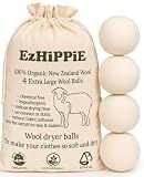 Ezhippie Quality Wool Dryer Balls - 4 XL Pack - 1000+ Loads - Pure Organic Wool - Reusable Natural Fabric Softener Perfect with Essential Oils, Reduce Clothing Static and Wrinkles