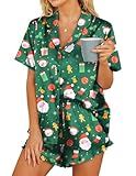 HOTOUCH Womens Christmas Pajamas for Women Short Sleeve Satin Short Sets Button Down Short Sleeve Pajamas Sleepwear