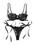 Verdusa Women's 2 Piece Floral Lace Bow Lingerie Set Push Up Bra with Thong